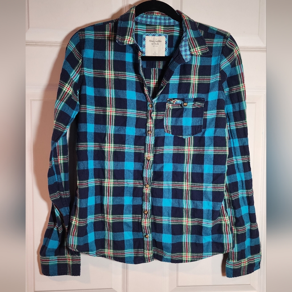 Abercrombie & Fitch Blue and Green Plaid Button-Up Shirt Large